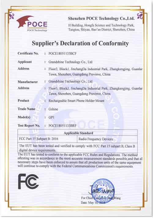 Certificat Grandshine-FCC