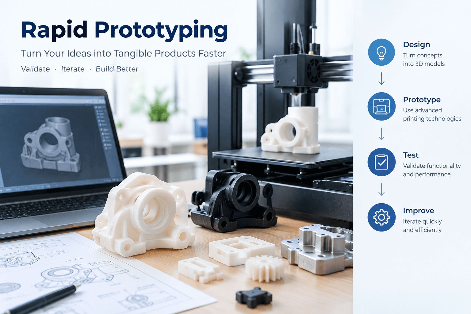 Rapid prototyping  services for product development with a 3D printer, CAD model, and prototype parts.